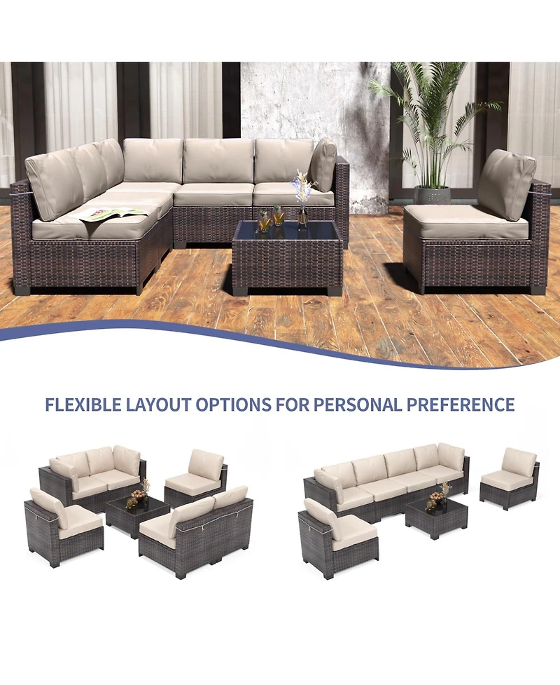 homfan 7-Piece Outdoor Patio Furniture Set with Pe Rattan Sectional Sofa, Thick Cushions and Glass Top Coffee Table