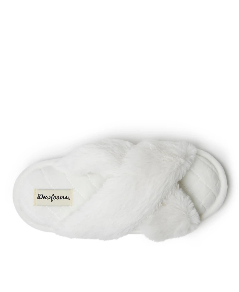 Dearfoams Women's Jessica Furry Cross Band Slide Slippers