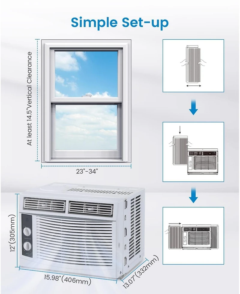 Xo 5000 Btu Window Ac Unit, Mechanical Control Air Conditioner, Cools 150 Sq. Ft, Low Noise, Easy Install Kit