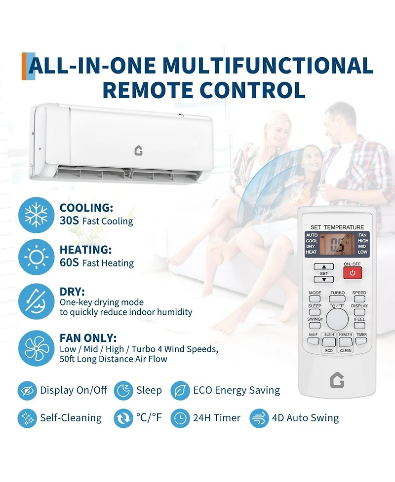 Xo 9000 Btu Mini Split Ac and Heat Pump, 18.5 SEER2 Inverter, WiFi and Alexa, Cools 450 Sq. Ft, Installation Kit