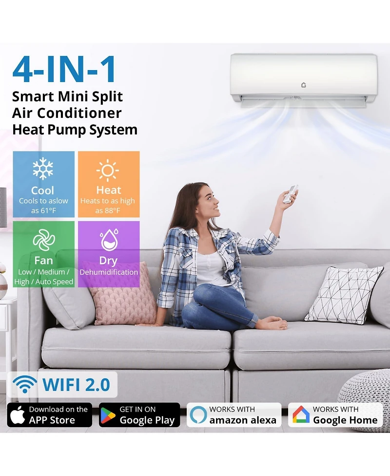 Xo 9000 Btu Mini Split Ac and Heat Pump, 20 SEER2 Inverter, WiFi and Alexa, Cools 450 Sq. Ft, 230V, Install Kit