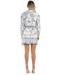 La Moda Clothing Women's Club Blue Floral Belted Shirt Dress