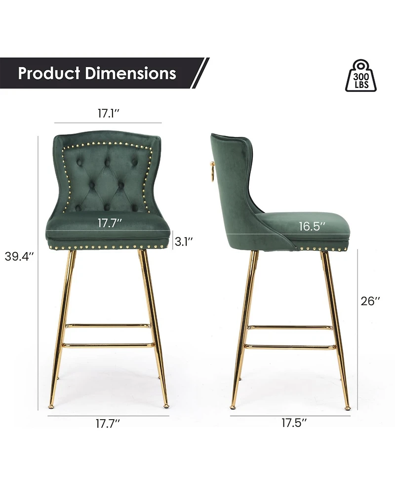 Rainsken Bar Stools Set of 2, Velvet Counter, Button Tufted and Nailheads Trim, with Metal Legs, for Kitchen Island Dining Room Pub