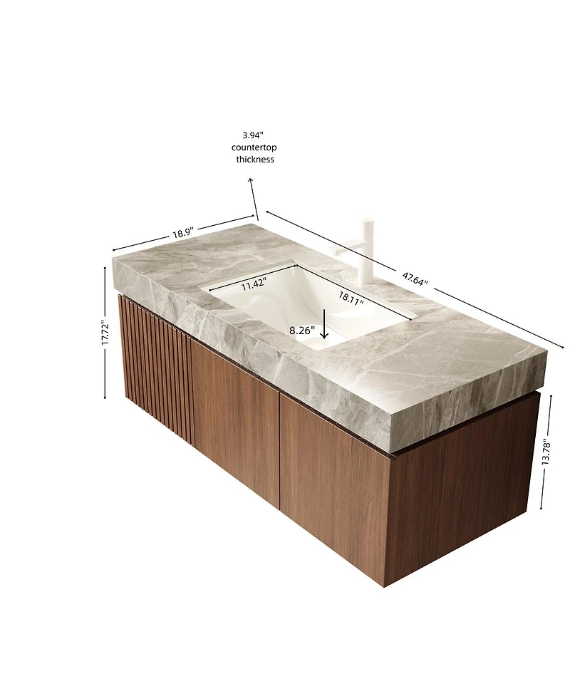 Sillysis Wall Mounted Bathroom Vanity, Luxury Sintered Stone Countertop, Undermount Ceramic Sink, Soft Close Storage Cabinet