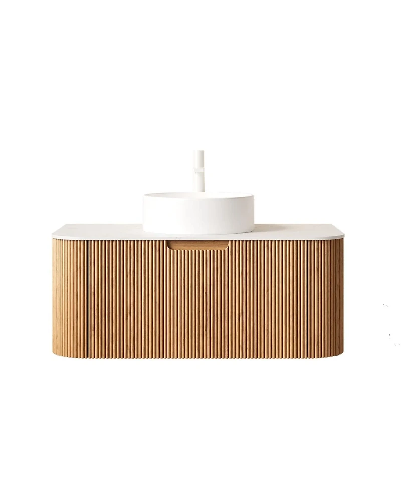 Sillysis Wall Mounted Bathroom Vanity with Sintered Stone Top, Ceramic Vessel Sink, 3D Wood Grain Drawer