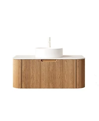 Sillysis Wall Mounted Bathroom Vanity with Sintered Stone Top, Ceramic Vessel Sink, 3D Wood Grain Drawer