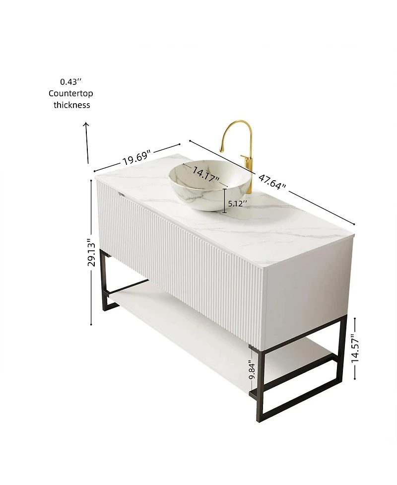 Sillysis 47.6 Inch Freestanding Bathroom Vanity with Ceramic Basin, Sintered Stone Countertop , Soft Close Door and Open Shelf