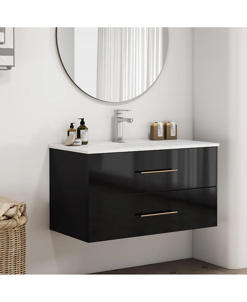 Sillysis Wall Mounted Bathroom Vanity with Ceramic Sink, Double Drawers, Modern Glossy Cabinet for Small Spaces
