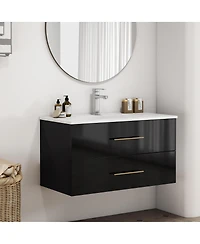 Sillysis Wall Mounted Bathroom Vanity with Ceramic Sink, Double Drawers, Modern Glossy Cabinet for Small Spaces