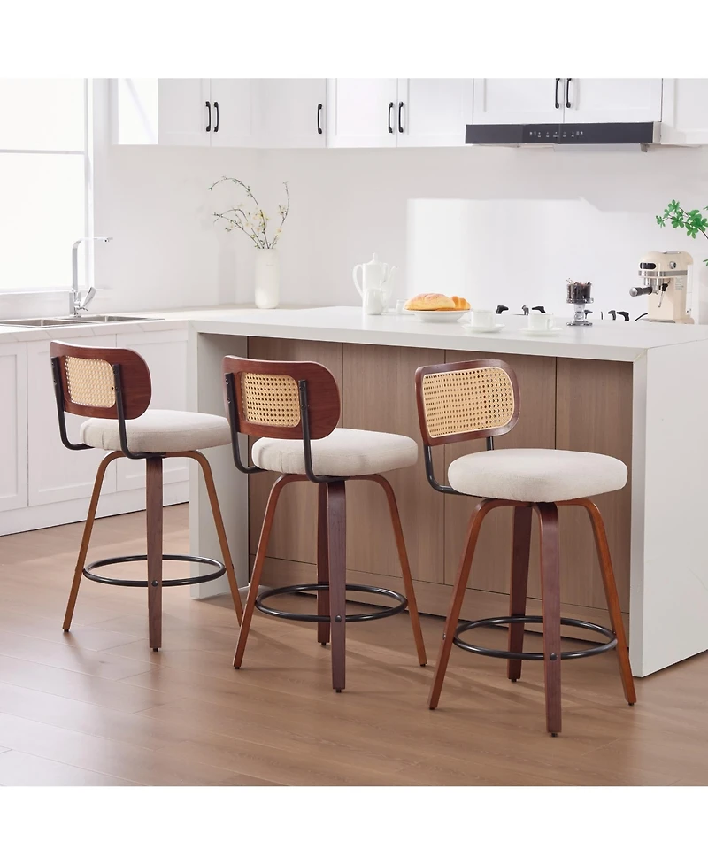 Flynama 26 Inch Set of 3 Counter Height Swivel Bar Stools with Rattan Cane Back and Linen