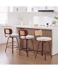 Flynama 26 Inch Set of 3 Counter Height Swivel Bar Stools with Rattan Cane Back and Linen