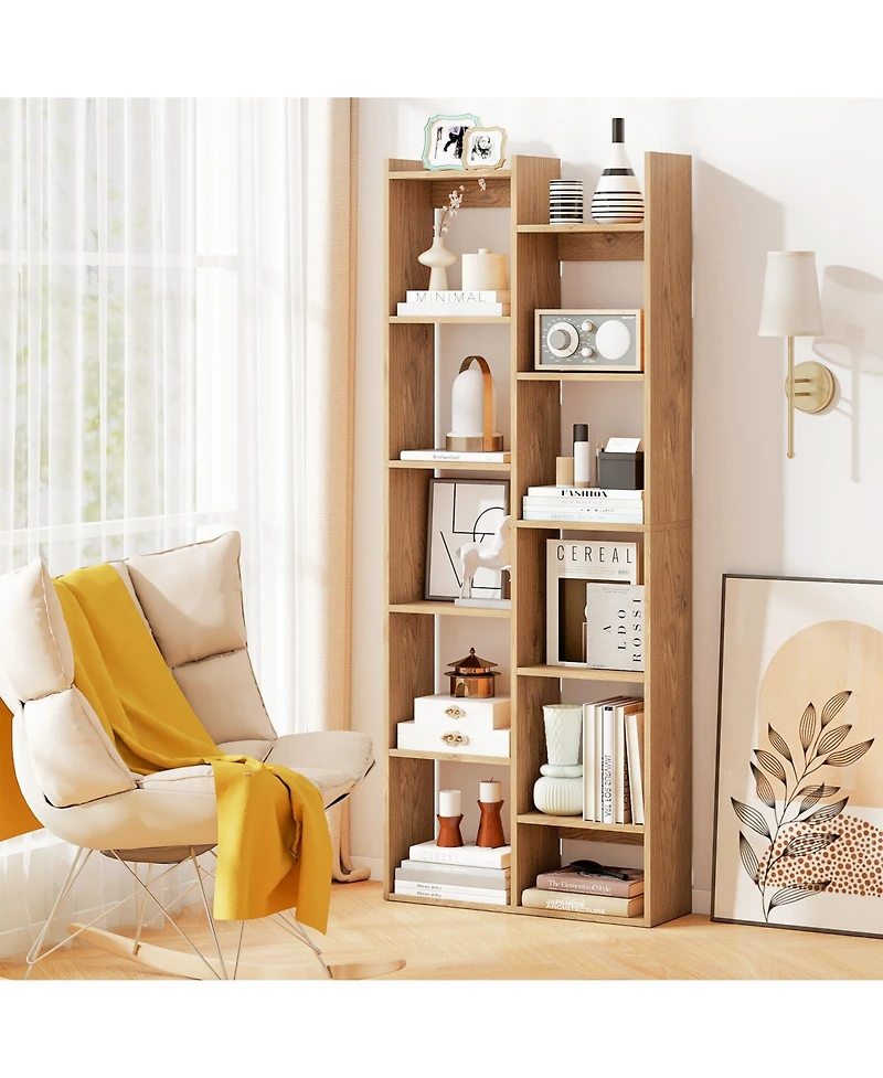 Gymax 11 Tier Bookcase with Anti Tipping Kits Wood Display Shelf Tree Shaped Bookshelf