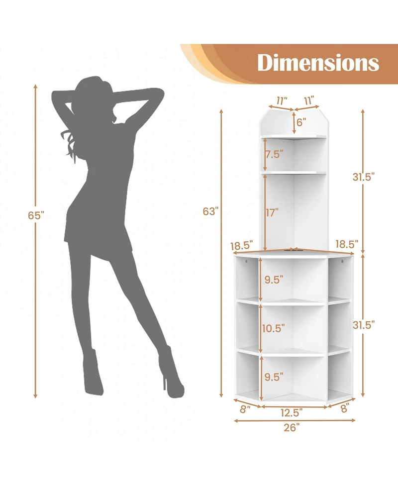 Gymax Set Of 2 6 Tier Corner Shelf 63 Inch Tall Corner Bookshelf with 2 Usb Ports and Charging