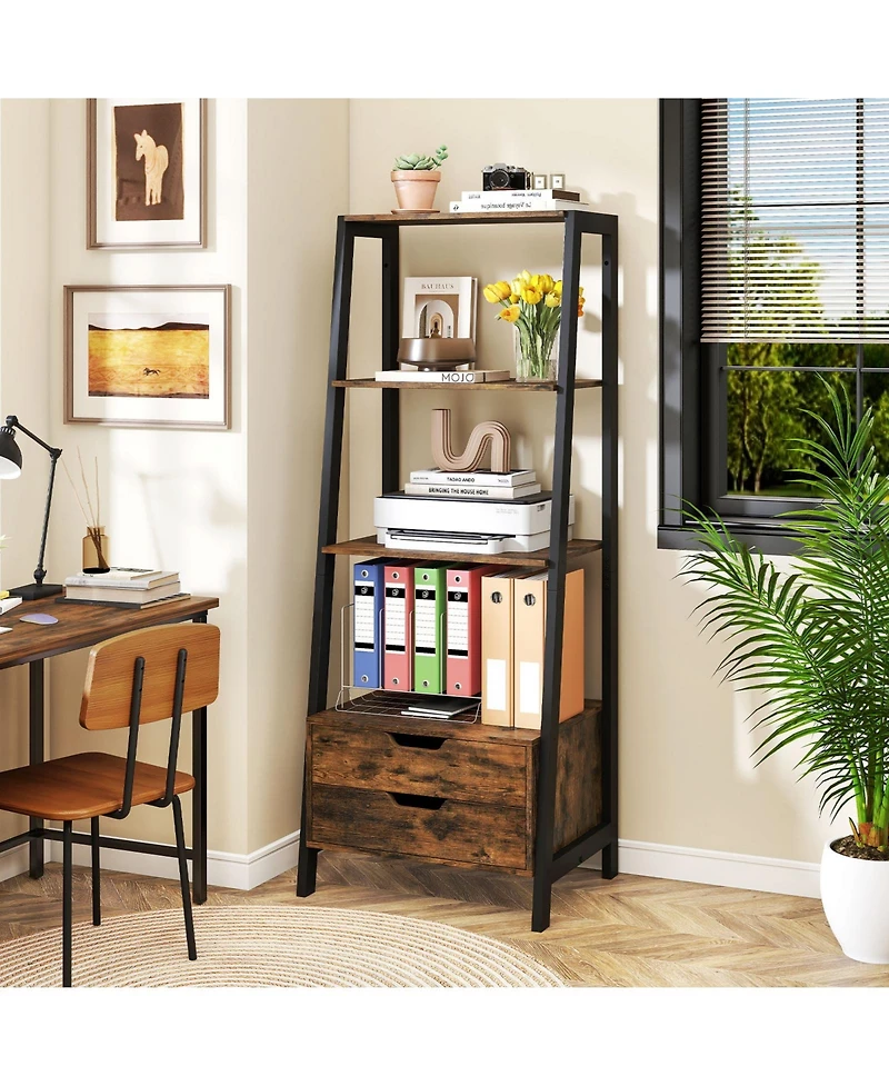 Gymax 2 Piece Bookshelf with Storage Drawers Sturdy Metal Frame Anti Toppling Devices