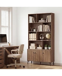 Gymax Bookshelf with Doors 5 Tier Floor Standing Bookcase with 2 Anti Tipping Kits