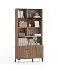 Gymax Bookshelf with Doors 5 Tier Floor Standing Bookcase with 2 Anti Tipping Kits