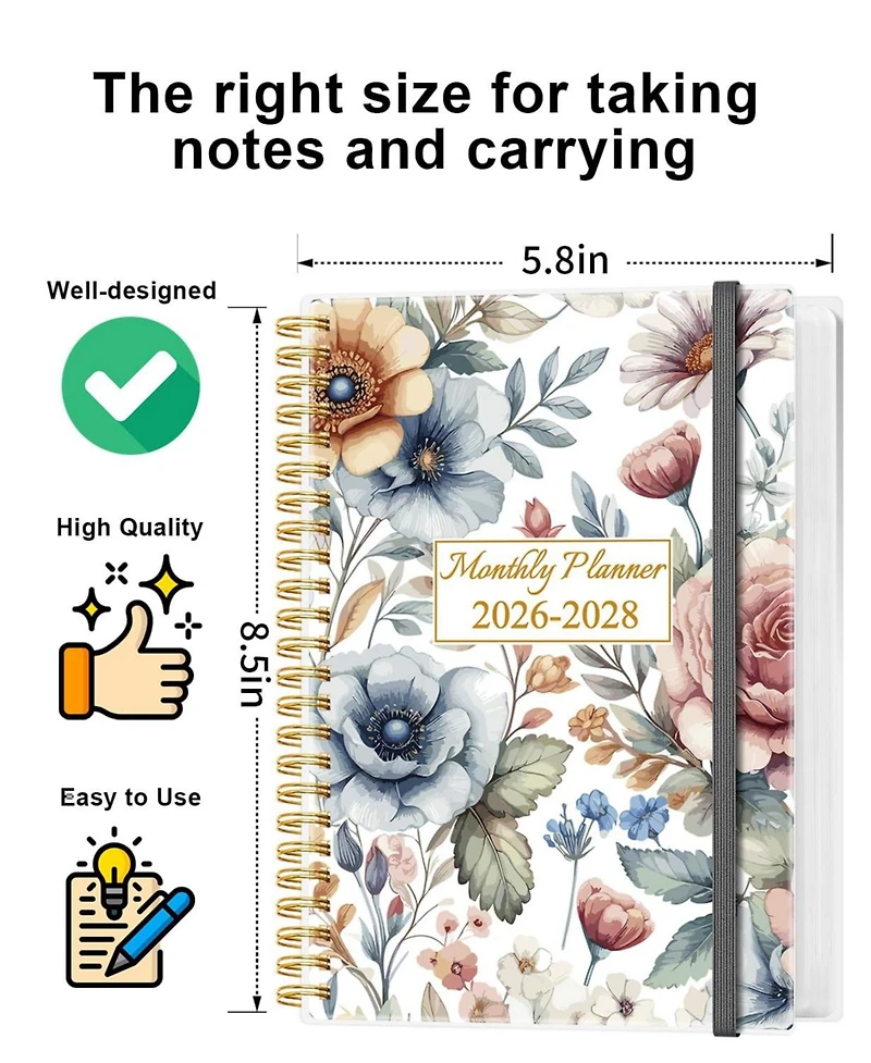 Gnuadz 2026-2028 Monthly Planner 36 Month Calendar Flexible Cover Inner Pocket Home School Office Colorful Large Flower