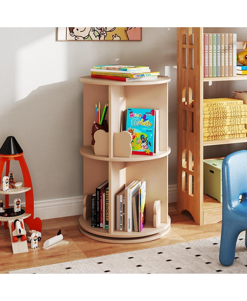 Gymax Kids Rotating Bookshelf Round Spinning Corner Bookcase with Bear Baffles