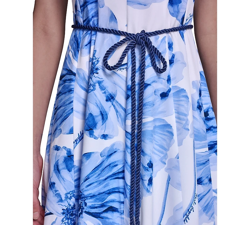 Karl Lagerfeld Paris Women's Floral Fit & Flare Belted Midi Dress