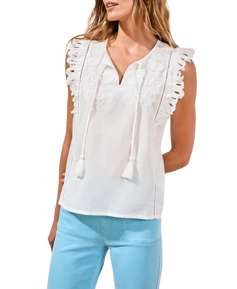 Tribal Women's Poplin V-Neck Top with Embroidery