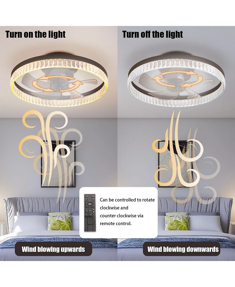 Clihome 20 inch Ceiling Fan with Led Light, Modern Flush Mount Fan Light with Crystal Ring Design