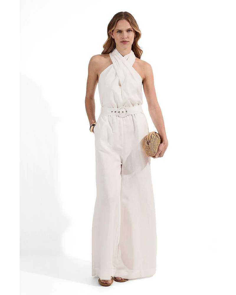 Karen Millen Women's Linen Blend Wide Leg Belted Jumpsuit