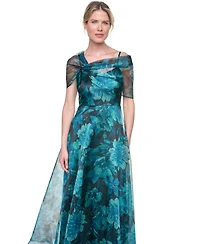 Eliza J Petite Asymmetric Neck Cap-Sleeve Ball Gown