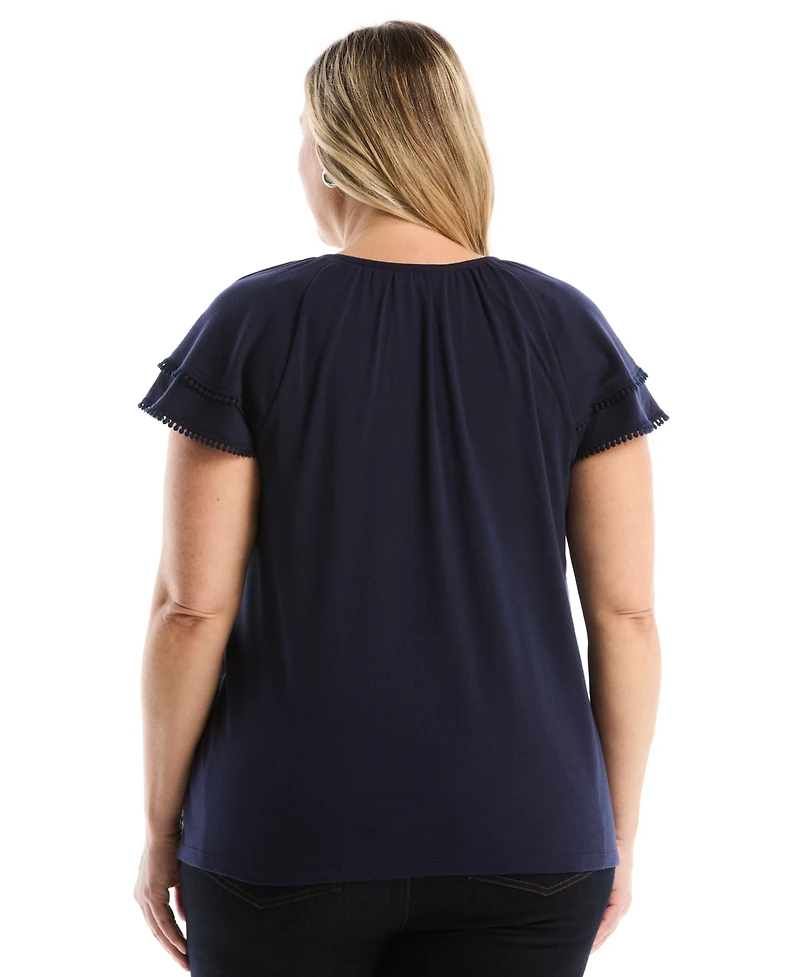 Rafaella Plus Eyelet Flutter Sleeve Split Neck Short Top