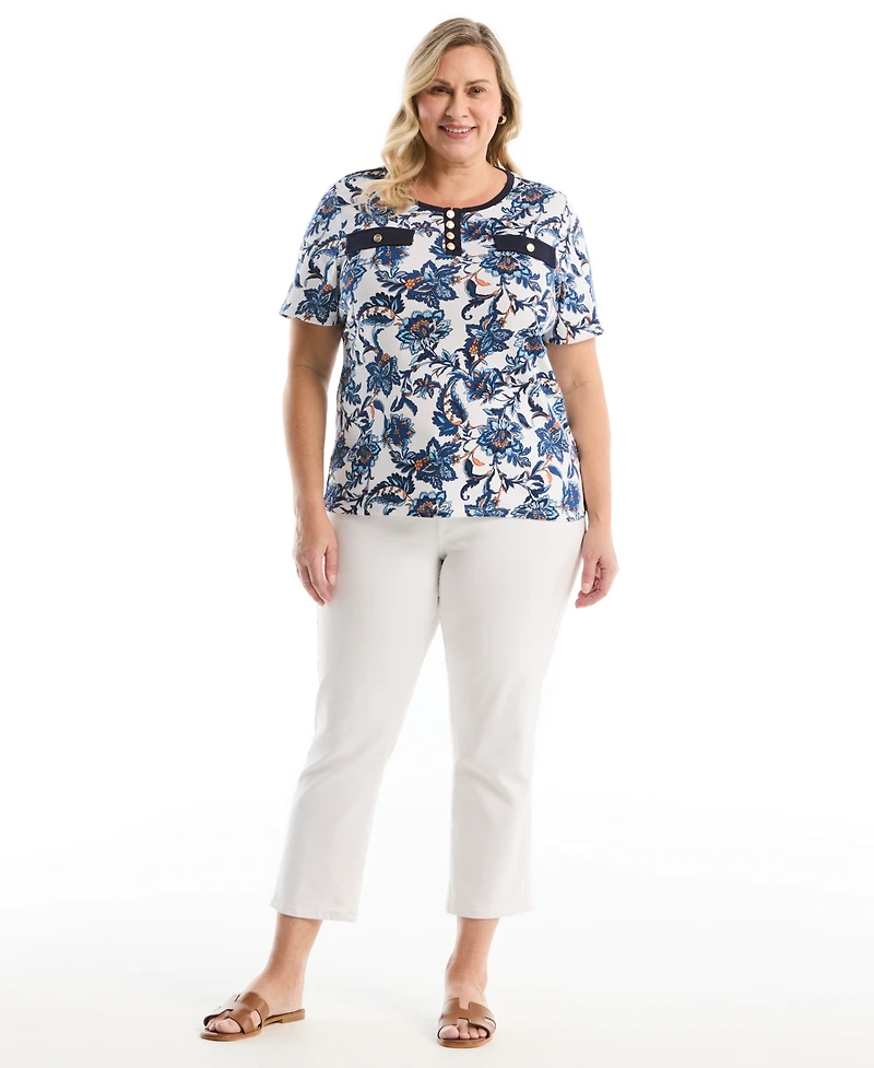 Rafaella Plus Botanical Welt Pocket Button Detail Short Sleeve Top