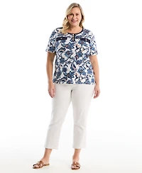 Rafaella Plus Botanical Welt Pocket Button Detail Short Sleeve Top