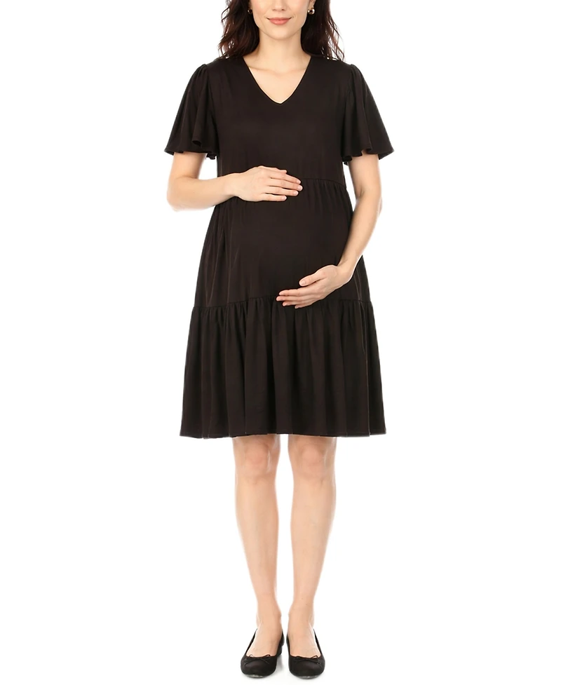 White Mark Women's Short-Sleeve Tiered A-Line Maternity Dress