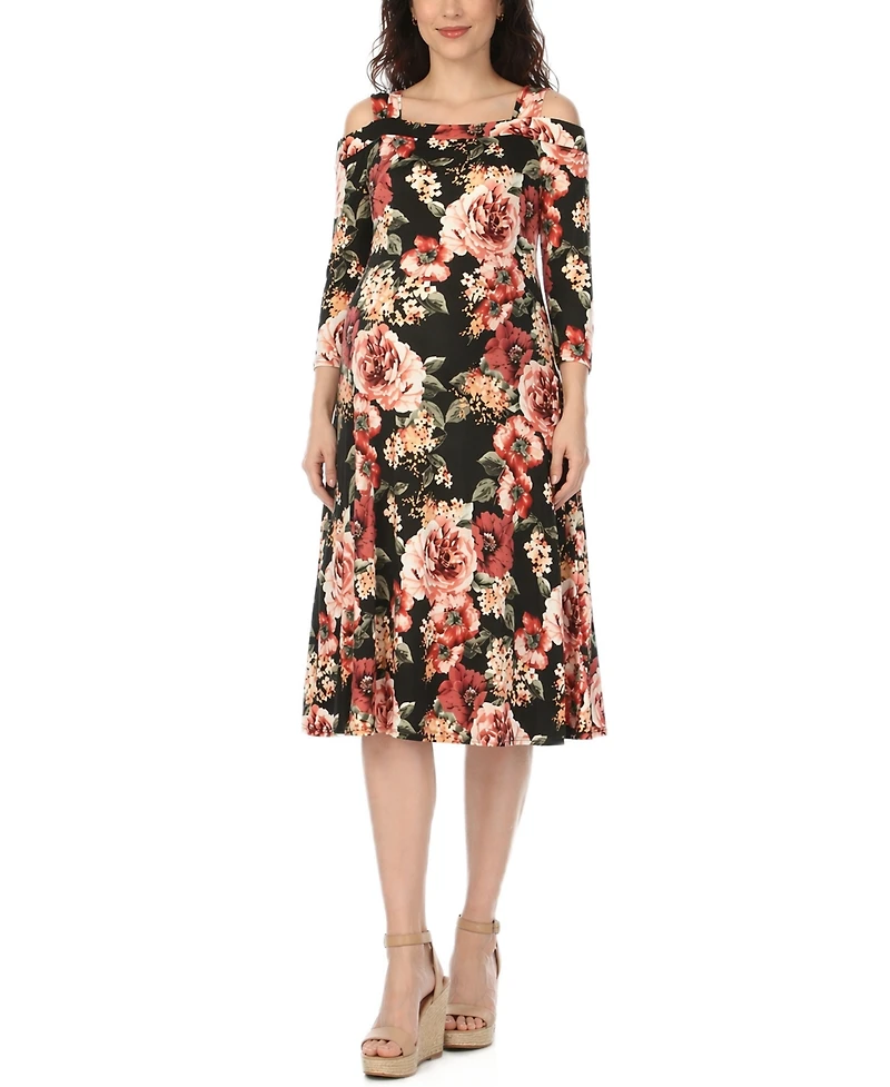 White Mark Women's Cold Shoulder Floral Print Maternity Dress