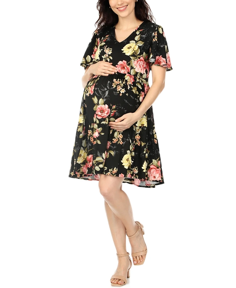 White Mark Women's Floral Print V-Neck Maternity Dress