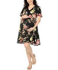 White Mark Women's Floral Print V-Neck Maternity Dress
