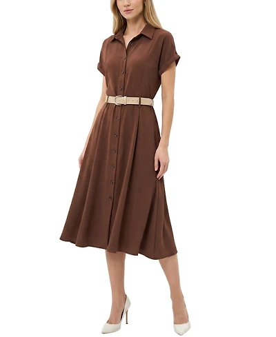 Ny Collection Petite Short Sleeve Button Front Belted A-Line Dress