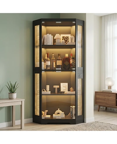 homfan Hexagon Corner Display Cabinet with Tempered Glass Doors, Motion Sensor Led Lighting and Built-In Usb/Usb-c Charging Ports