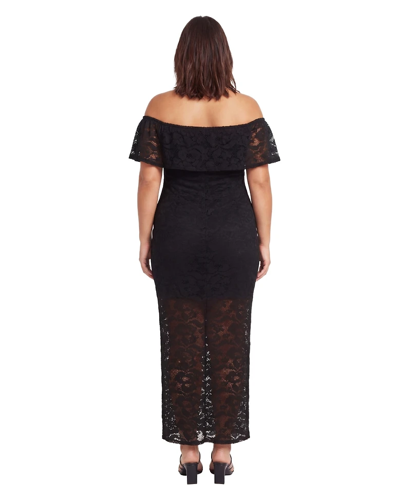 24seven Comfort Apparel Plus Elevate Curvy Lace Off-the-Shoulder Side Slit Bodycon Maxi Dress
