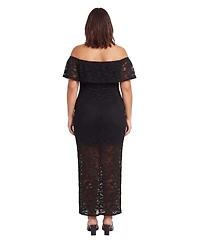 24seven Comfort Apparel Plus Elevate Curvy Lace Off-the-Shoulder Side Slit Bodycon Maxi Dress