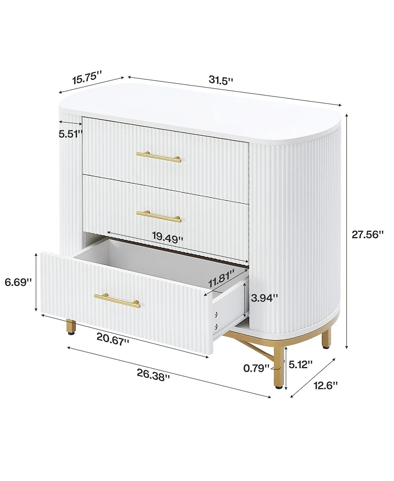 Tribesigns Nightstand with 3 Drawers Set of 2, Modern Bedside Table, Fluted Night Stand with Gold Legs