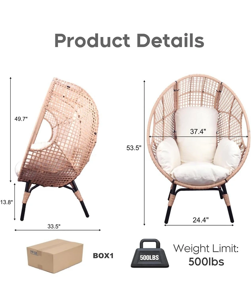 Rainsken Outdoor Wicker Egg Chair with Cushion, Pe Rattan Wicker Lounge Chair, 400lb Capacity, Indoor Patio Egg Chairs, for Bedroom Backyard Balcony