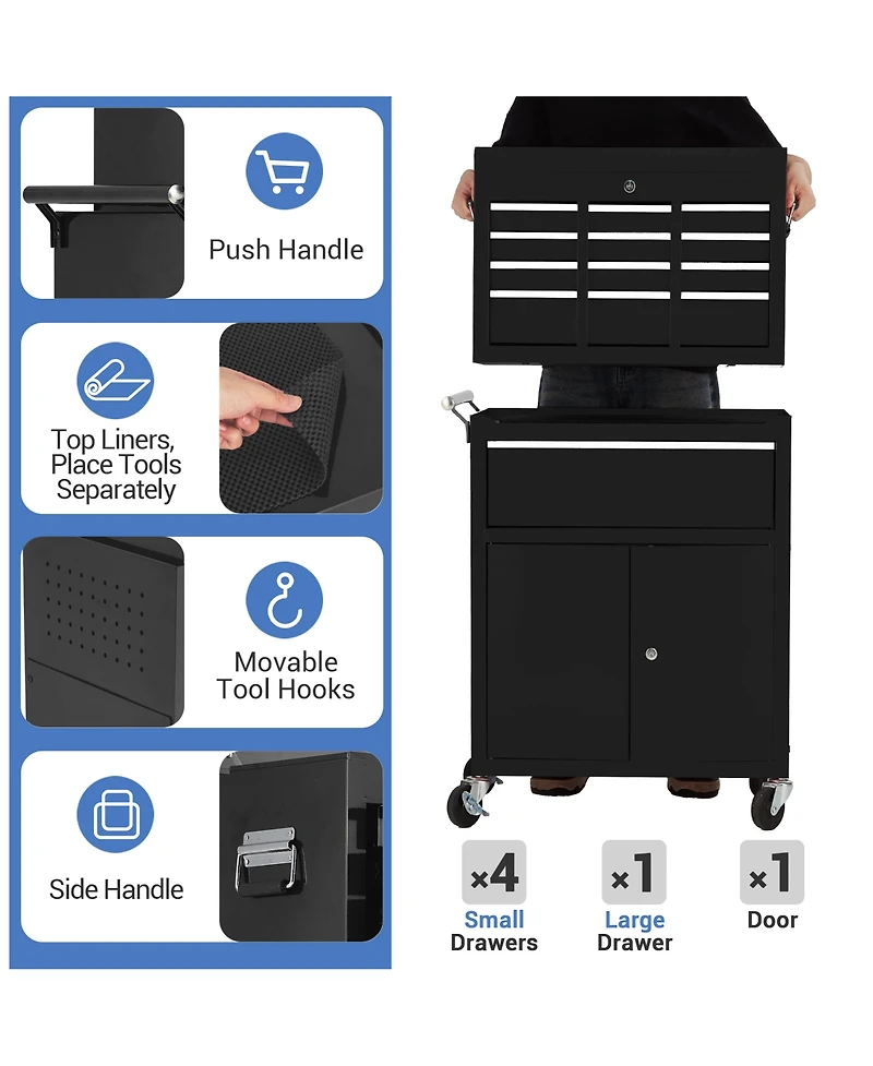 Homfan rolling steel tool chest with detachable top box, lockable drawers and cabinet, swivel casters, side handles, and rust-resistant finish