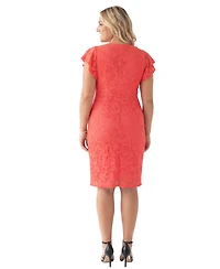 24seven Comfort Apparel Plus Elevate Curvy Lace V-Neck Flutter-Sleeve Faux Wrap Midi Dress