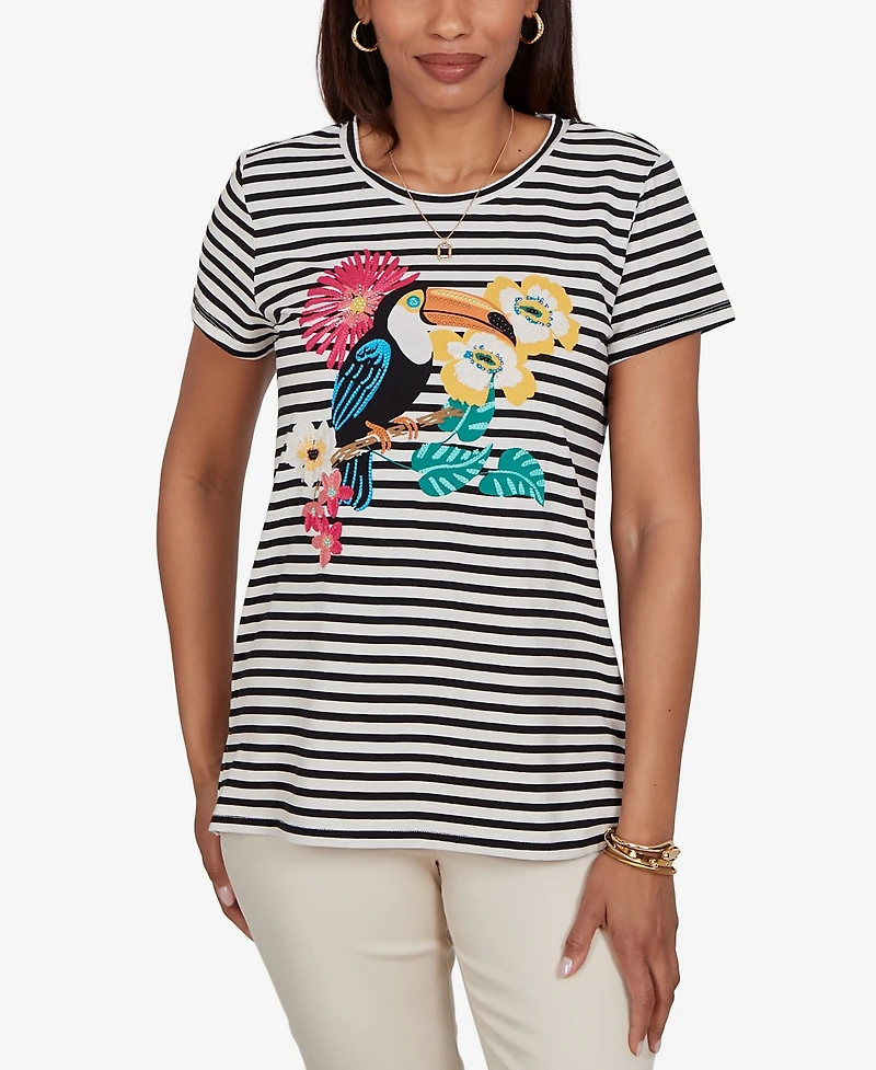 Ruby Rd. Petite Embellished Toucan Stripe Knit T-Shirt