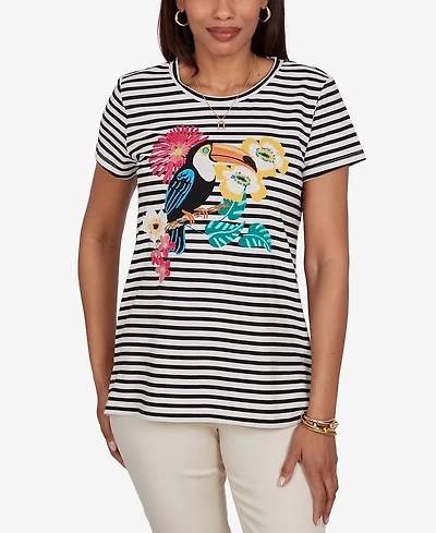 Ruby Rd. Petite Embellished Toucan Stripe Knit T-Shirt