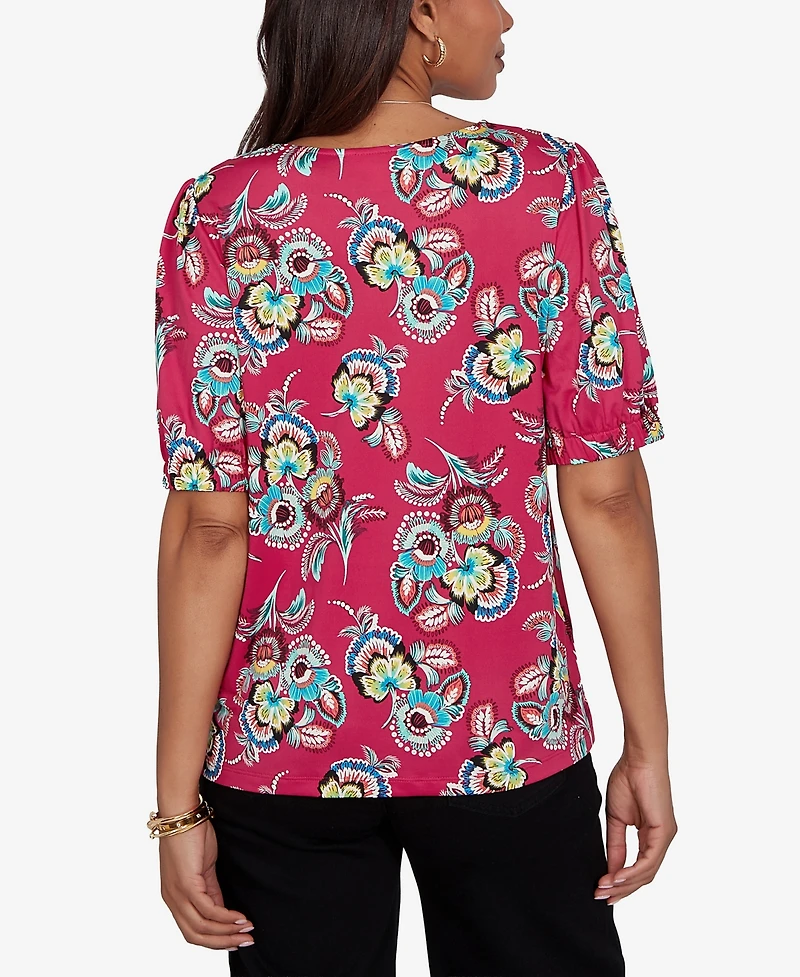 Ruby Rd. Petite Etched Floral Puff Print Blouse