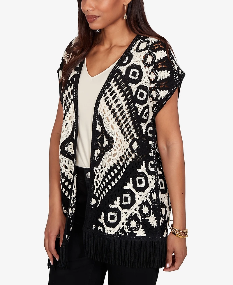 Ruby Rd. Petite Medallion Crochet Fringe Short-Sleeve Cardigan