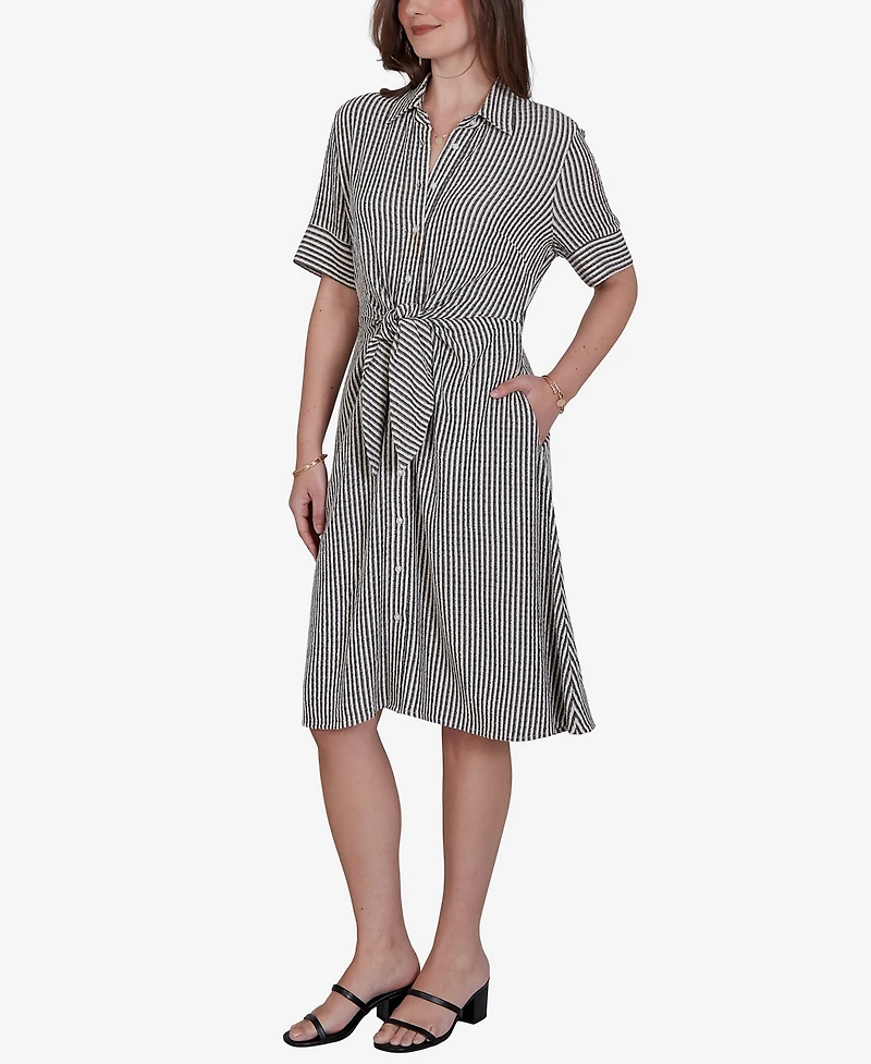 Ruby Rd. Petite Striped Gauze Tie Waist Shirt Dress