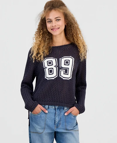 Hooked Up by Iot Juniors' Open-Stitch Varsity Sweater