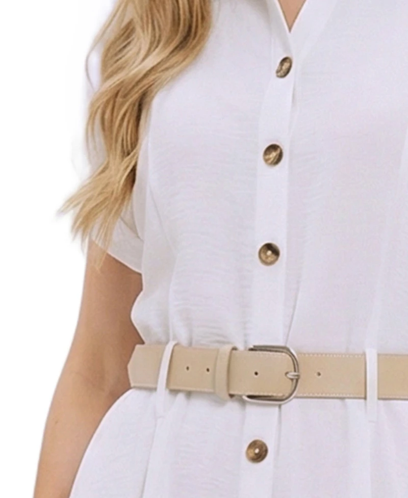 Ny Collection Women's Short-Sleeve Button Front Belted A-Line Dress
