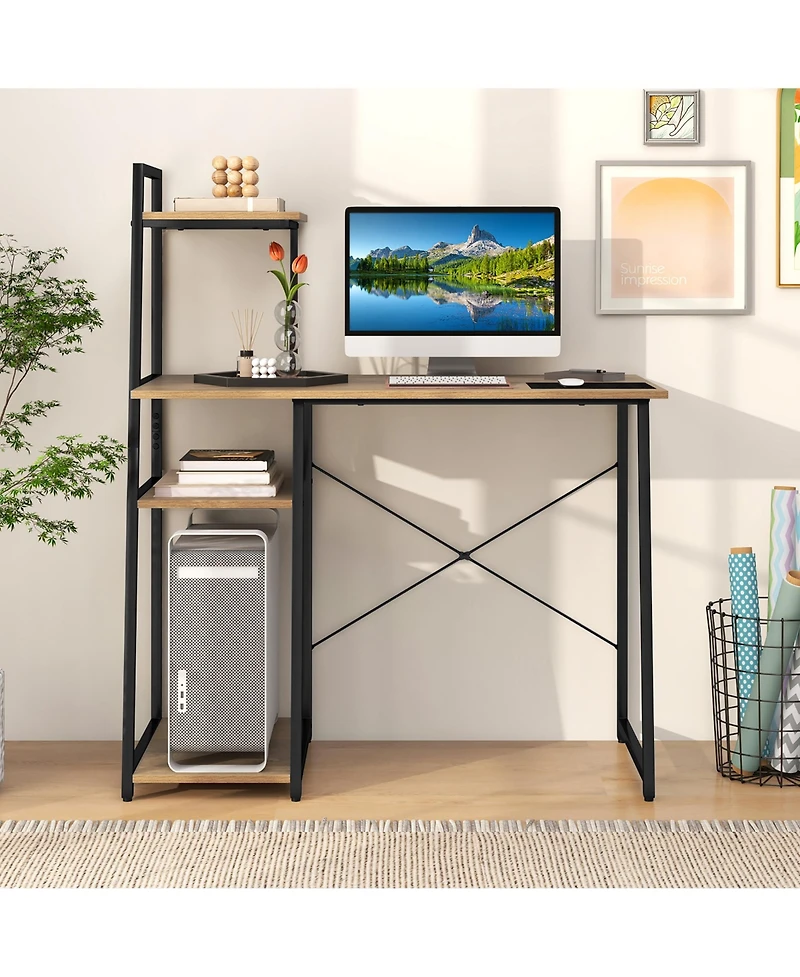 Gymax Home Office Desk Computer Desk w/ Bookshelf Host Stand Metal Frame Study Writing Desk